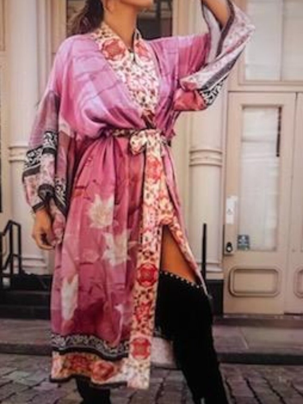 Pink BOHO Floral Kimono Duster Robe-One Size L